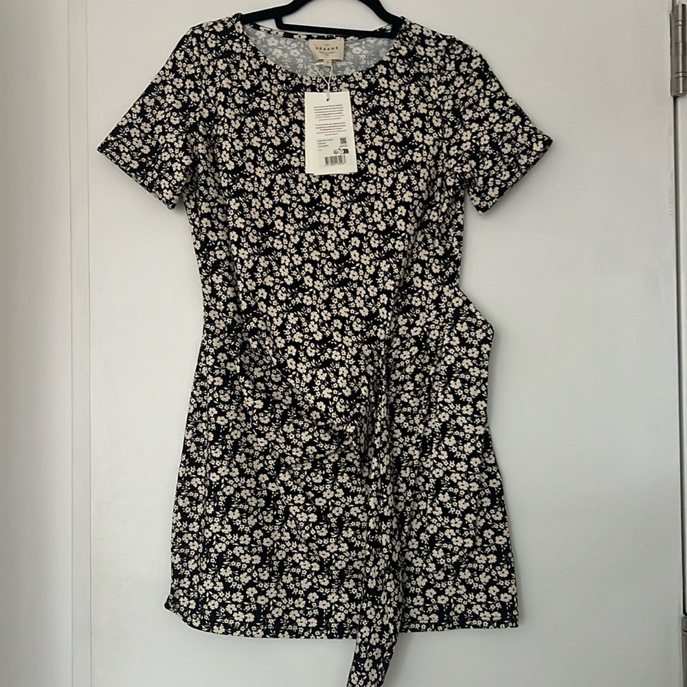 Sezane Pippa short dress, Madison print / black with white flowers, size S NWT